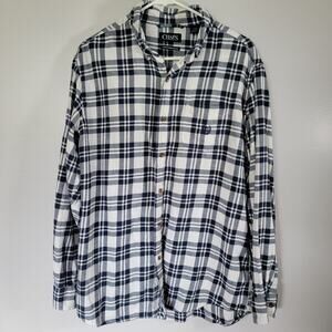 Chaps Flannel Plaid Button Down Shirt Mens L Navy White 100% Cotton Performance